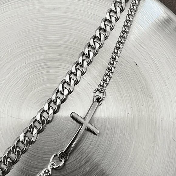 3/$35 Men's Silver Tone Curb Chain Bracelet Set with Cross Charm Two-Layer Cuban - Picture 6 of 7